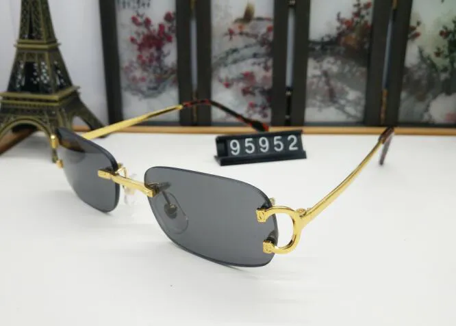 Oval erkek güneş gözlüğü metal çerçeveler gerçek yeni moda pilot çerçevesiz erkekler için güneş gözlüğü eski manda boynuzu Gözlük Kırmızı kutu lunettes