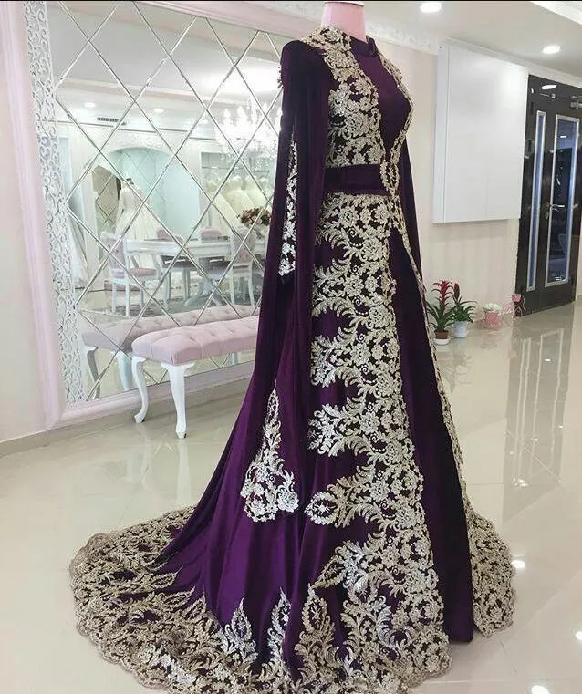 Robes de soirée marocaine de caftan avec appliques dentelle élégante Dubaï Abaya arabe violette robe de soirée Vintage occasion spéciale robe de bal