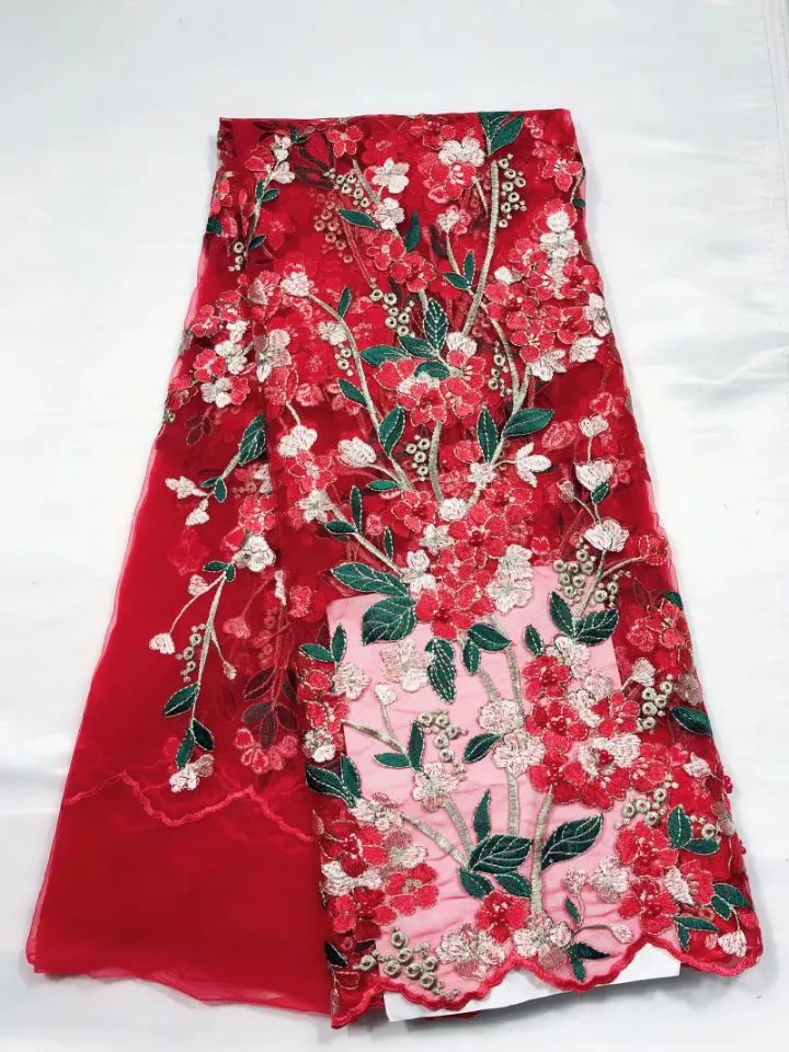 5 Metros / pc Maravilhoso vermelho tecido de renda líquida francês com contas de flor bordado africano malha rendas para o vestido QN89-7