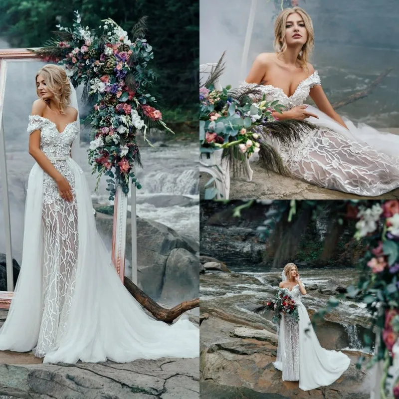 2019 Muhteşem Mermaid Dantel Gelinlik Kapalı Omuz Bohemian Gelinlikler Ayrılabilir Tren Gelin Elbise Vestidos De Nnovia