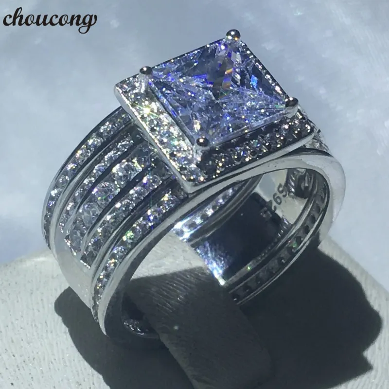 Choucong Handmade 3-w-1 Pierścień Księżniczka Cięcie Clear Diamond CZ 925 Sterling Silver Engagement Wedding Band Pierścienie dla kobiet Mężczyzn