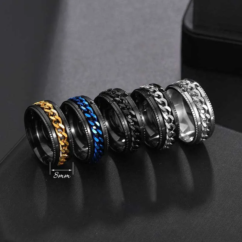Stainless steel spin rotate chain rings band relieve pressure gold chains mens ring hip hop jewelry will and sandy drop ship