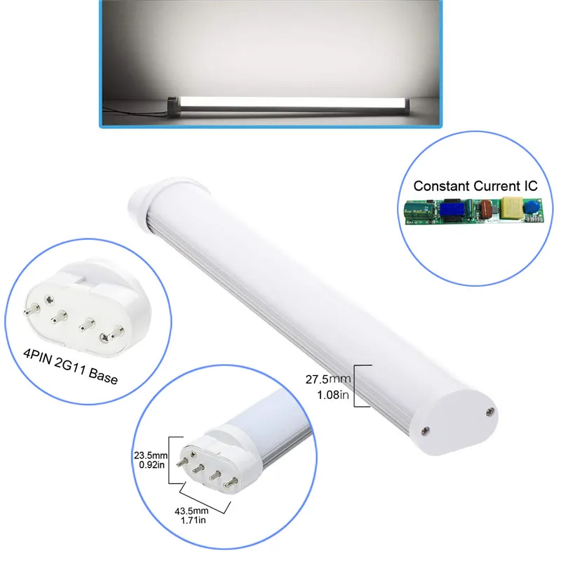 Bombilla de luz LED 2G11, Lámparas colgantes de tubo LED 2G11 Enchufe horizontal Base 2G11, Equivalente de tubo fluorescente (Quitar o desviar balasto)