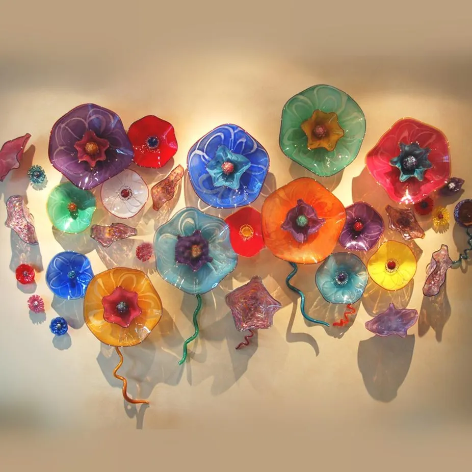 현대 램프 예술 접시 다채로운 손으로 날아간 유리 매달려 접시 플레이트 플래터 무라노 스타일 꽃 벽 아트 레스토랑 호텔 프로젝트