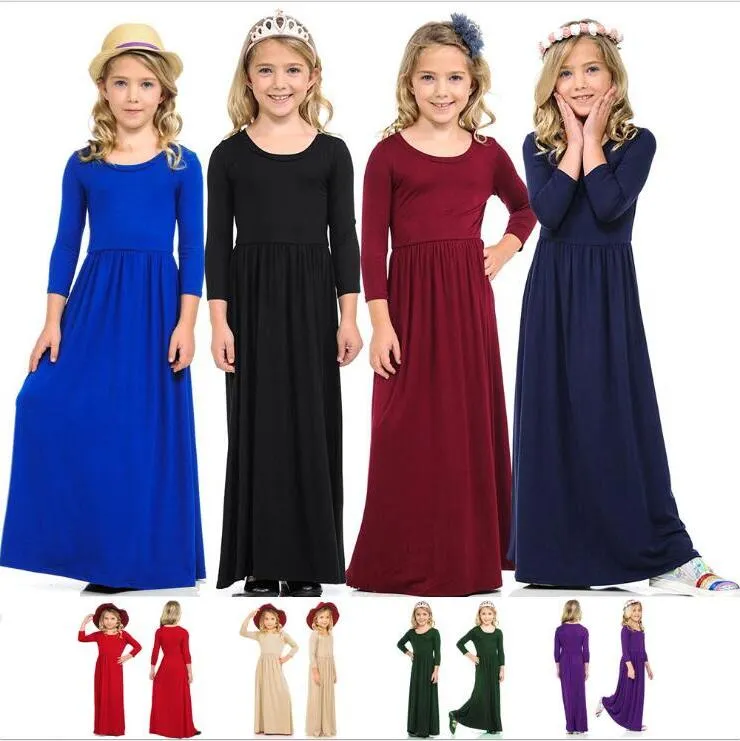 Flickor solid maxi klänningar barn designer kläder baby long bohemian klänning strand casual klänning prinsessan fest långärmad kvällsklänningar c5862