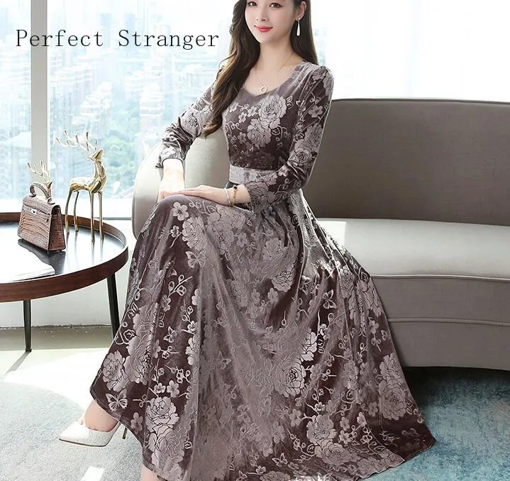 2020 Autumn Winter New Arrival High Quality Plus Size M-3XL Round Collar Flower Printed Long Sleeve Woman Long Velvet Dress