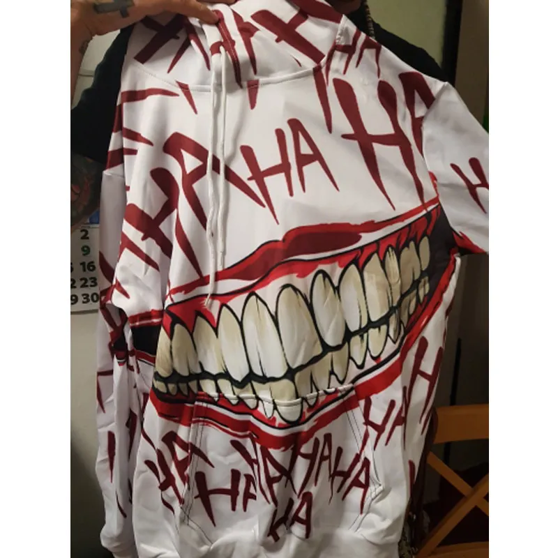 Haha Joker Funny Hoodie Halloween Crazy Smile Pullover Long Sleeve Sweatshirt for Men 100 Cotton Casual Unisex Sportwear
