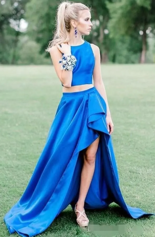 Blue Royal Homecoming Kleider zweiteilige Satin hohe Schwanzparty tragen ärmellose Juwelenhals Prom Ball Kleid Abendkleid Vestido