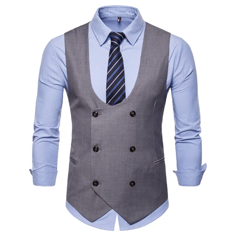 Men Vest Double Breasted Waistcoat 2018 England Style Sleeveless U-Neck Suit Vest Wedding Slim Cotton Gilet Plus Men Clothes