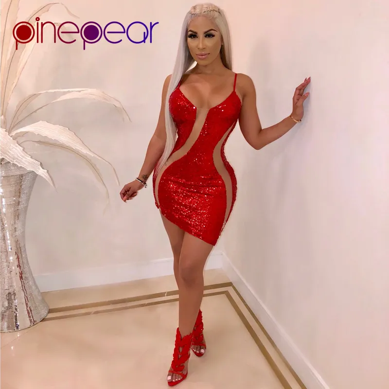 PinePear Glitter Sequin Dress 2019 NOUVELLES Robes D'anniversaire Moulantes Femmes Sexy Voir À Travers Mesh Rouge Robe De Fête De Noël En Gros