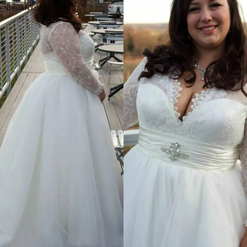 Eleganti maniche lunghe plus size scollo a V Designer bianco avorio con perline in pizzo donne mature donne abiti da sposa per adulti abiti da sposa di grandi dimensioni