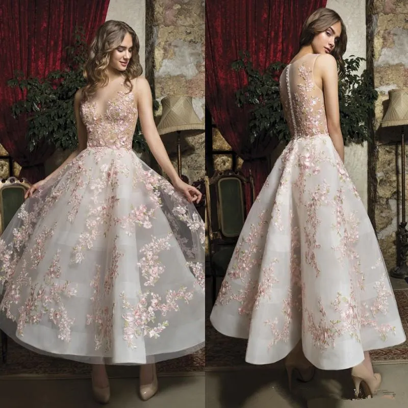 Krótki Różowy Kwiatowy Prom Dresses Koronkowe Aplikacje Sheer Neck Formalna Nosić Kostki Długość Wieczorni Suknie Dziewczyny Homecoming Dress Abendkleid