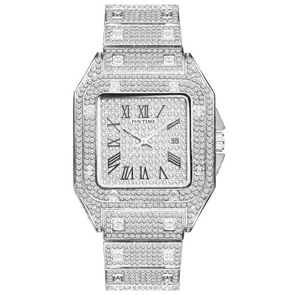 Hip Hop Iced Out Men Watch Square Diamond Quartz Mens Armbands Klockor Guld Roman Kalender Stål Klocka Relogio Masculino