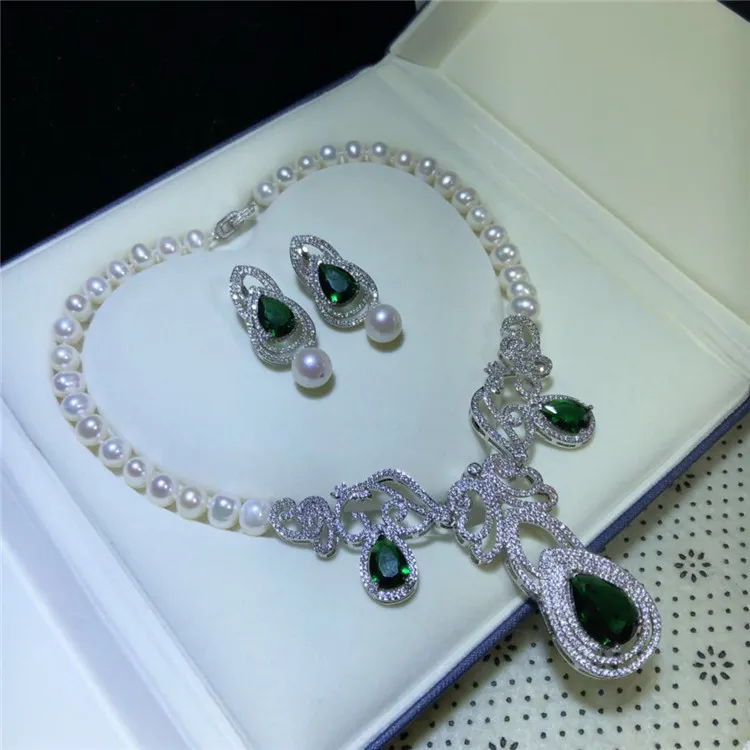 Charming Micro inlay green zircon clasp accessory luxury white freshwater pearl earrings necklace set fashion jewelry