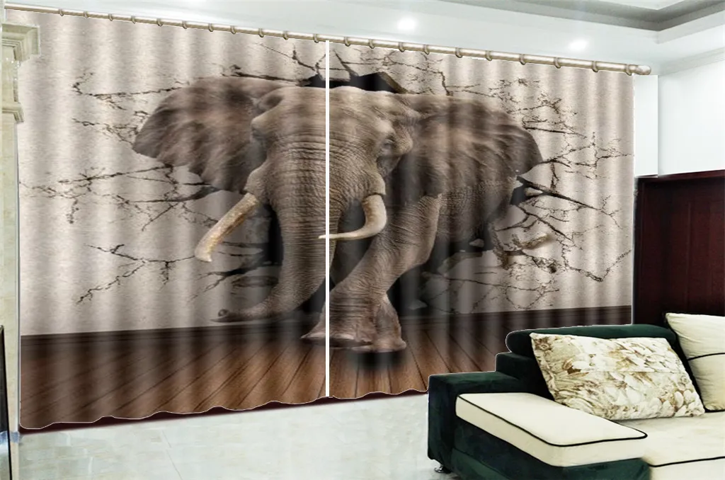Custom 3D Curtain Elephant Coming Out Of The Wall Decoration Indoor Living Room Bedroom Kitchen Window Blackout Curtain
