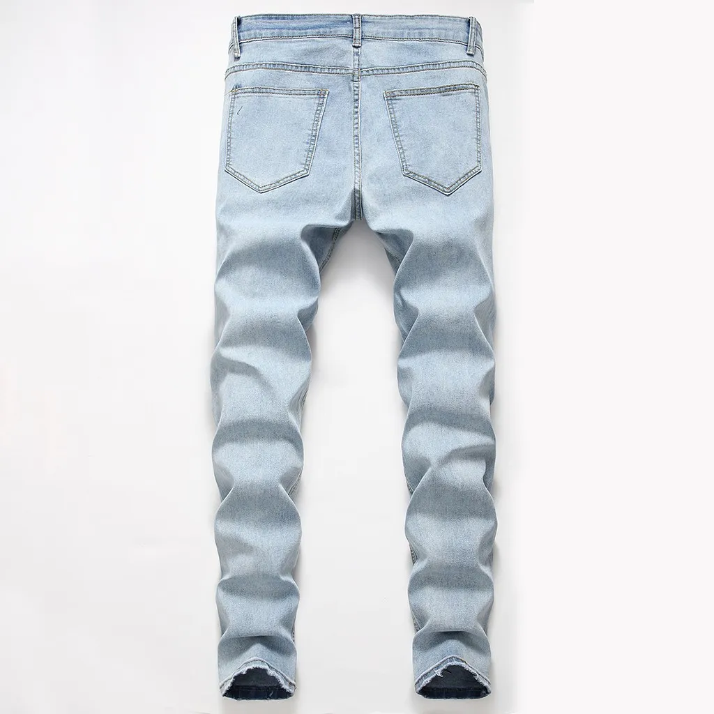 Erkekler Yeni Moda Kişiliği Yırtılmış İnce Fit Fermuar Streç Denim Pantolon Erkek Süper Skinny Jeans Vaqueros Hombre 2019 New237v