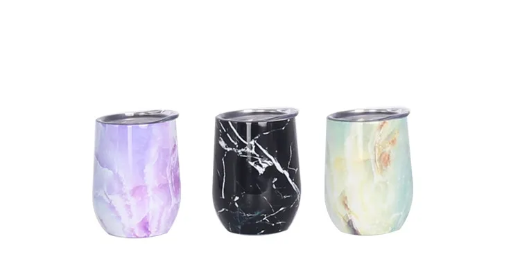 Creative 12oz Rostfritt stål Vinglasögon Marmor Stemless Vinglasögon med lock Shatterisbevis Vakuum äggform Egg Cups Gratis frakt