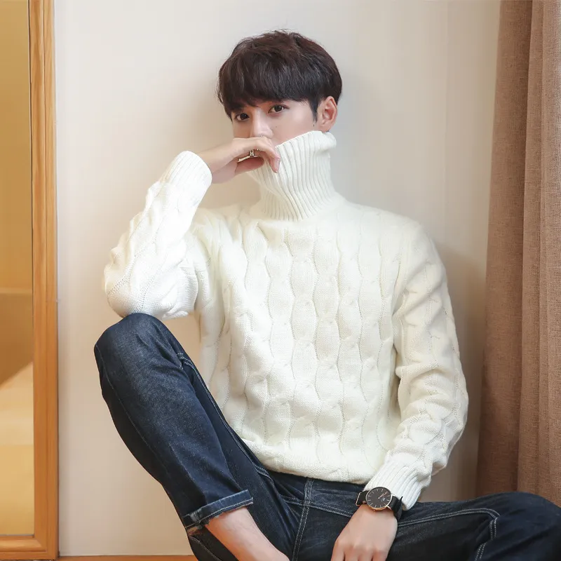 Korean White Knitted Turtleneck Men Sweater Man Solid Winter Pullover Men Sweater Coat Mens Plus Size Sweaters 5xl 4xl 3xl Black