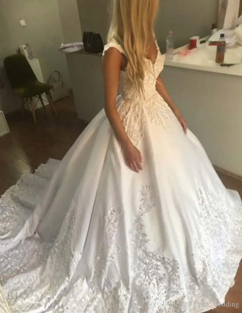 2019 Princesa Vestido De Novia Largo Cap Mangas Cuello En V Satén