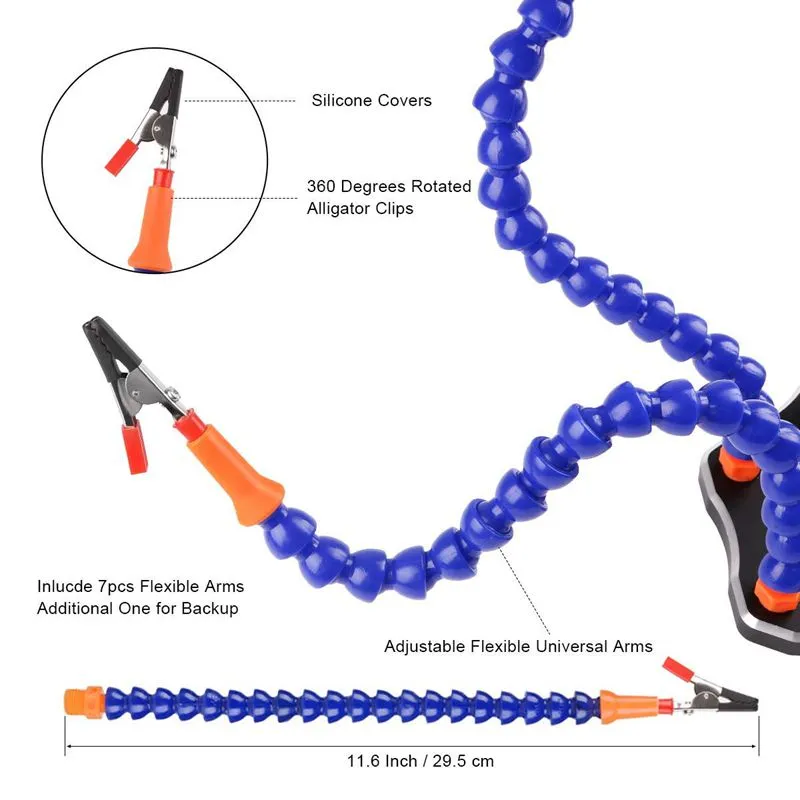 Freeshipping Upgraded Flexible Helping Hands Soldering Third Hand Soldering Station Tool(Magnifier and + Non-Slip Aluminum Base + 7 He