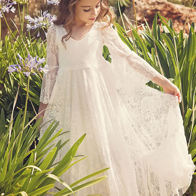 New Beach Flower Perfect Angel Pageant Dress Boho First Communion Dress Little Girl V Neck Long Sleeve A Line For Kids Wedding Dress From Werbowy 84.58 DHgate.Com