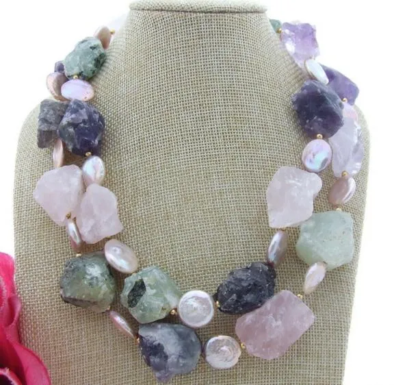 18" 2 Strands Pink Coin Pearl Multi Rough Gemstone Necklace