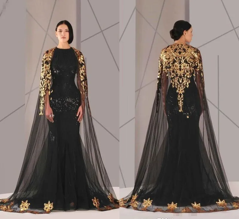 2019 Cheap Arabic Formal Pageant Evening Dresses With Cloak Gold Lace Plus Size Black Sequined Vestidos De Novia Prom Occasion Gown Cheap