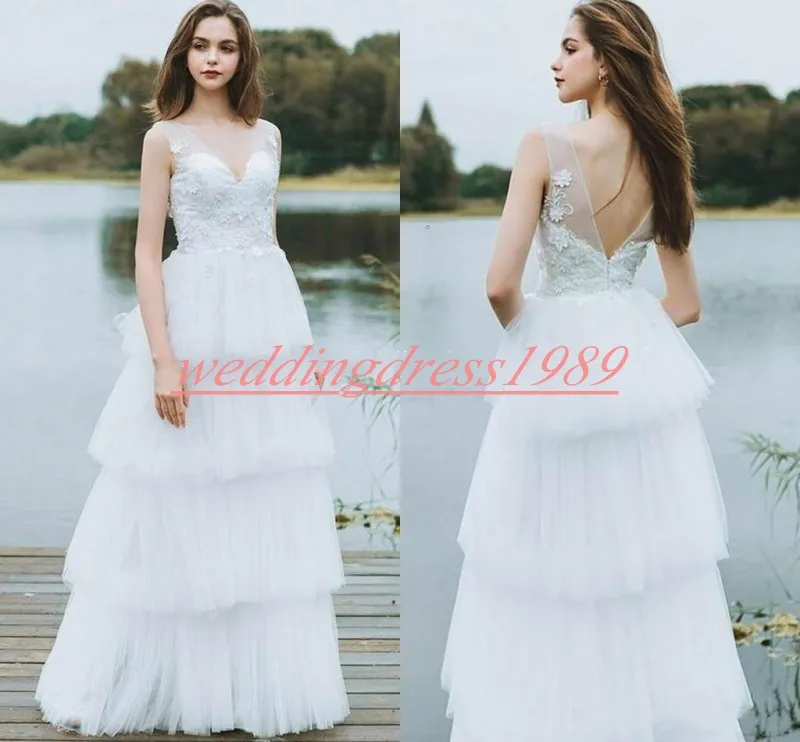 Romantisch Tiered Kant Strand Trouwjurken Tuin 2019 Tule Vloer Lengte Land Bruids Baljurk voor Bruid Plus Size Robe de Mariée