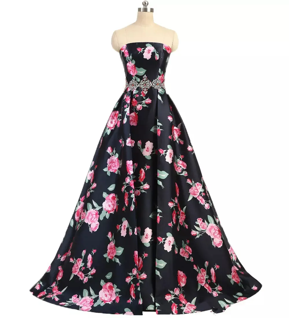 Nieuwe Sexy Real 2019 Strapless Prom Dresses Flower Print Satijnen Baljurk Formele Jurk Avondfeest Draag Kralen Gewaden De Soirée QC1309