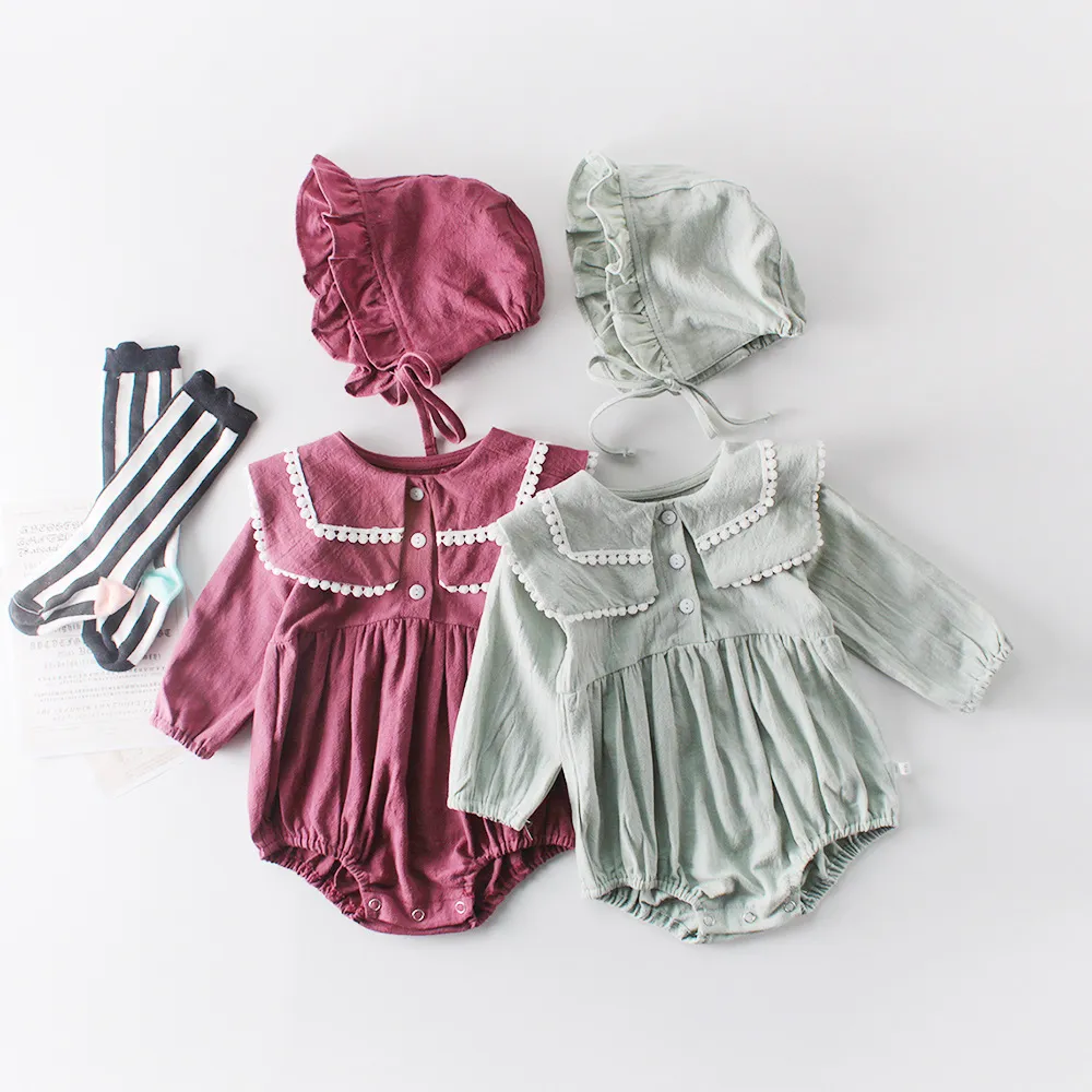 Baby Girl Designer Kläder Romper Långärmad Fast Färg Pet Pan Collar Romper Spädbarn Kids 100% Bomull Vår Fall Girl Clothing