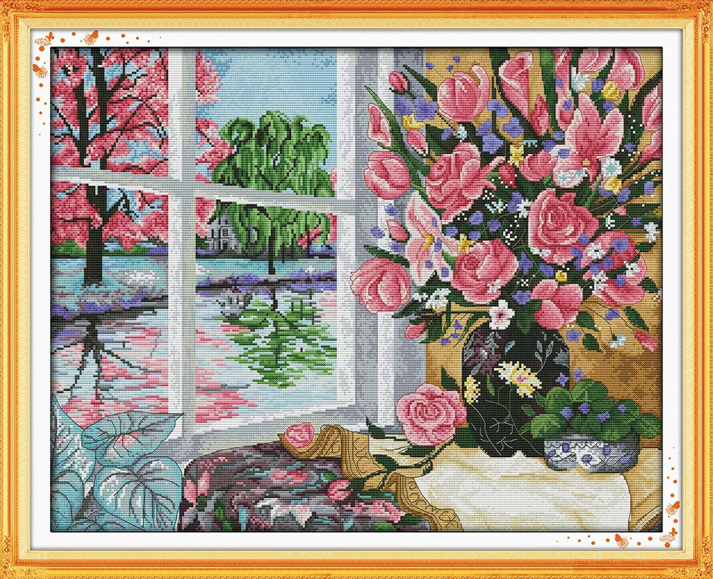 Blossom flower windowsill home decor oil painting ,Handmade Cross Stitch Embroidery Needlework sets counted print on canvas DMC 14CT /11CT