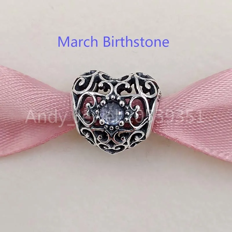 Andy Jewel Tualentic 925 Sterling Silver Beads March Signature Heart Stone Charm 매력에 유럽 판도라 스타일의 보석 B337X