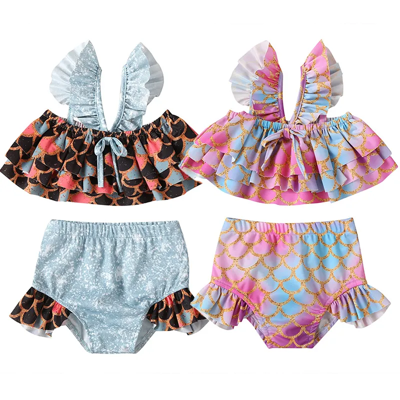 Children Mermaid Swimwear Outfits Cartoon 2020 Summer Mermaid Fish Scales Ruffle Sling Swimsuit Kids Bikinis Beach Swim Clothing Sets M1136