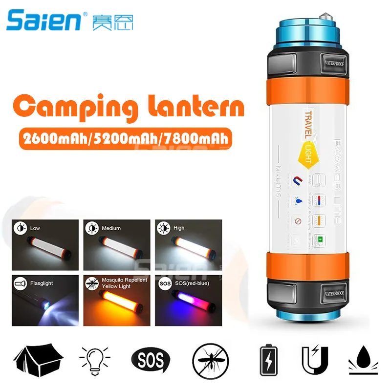 Ficklampor Torches Camping Lantern LED Light Multifunktionell Vattentät Magnetisk Utomhuslampa Med 18650 Batteri ingår, uppladdningsbar / USB-kabel direkt