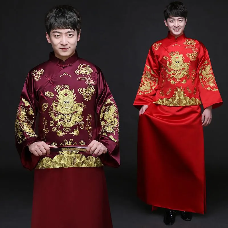 Cheongsam masculino vestuário étnico chinês traje antigo vestido de noiva tradicional dos homens vestido de festa vermelho vestido Do Noivo Do Vintage