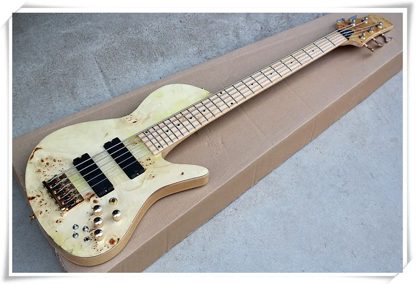 Golden Hardware 5 Strings Ash Body Neck-Thru-Body Electric Bass Guitar Med 2 Pickup, Maple Fingerboard, kan anpassas