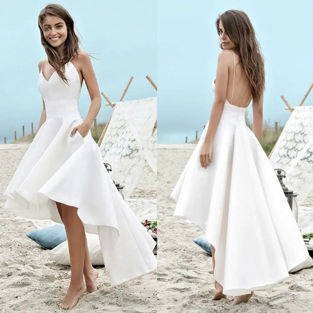 Damska Satin Spaghetti Strap Hi-Low Wedding Party Dress Elegant Satin Beach Suknie Ślubne Hi-Niski White Party Suknie