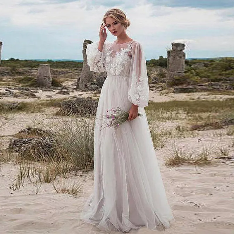 High Quality O Neck Long Sleeve Beach Style Bohemian Boho Simple Wedding Dress Lace Appliques Floor Length Inexpensive Casual Bridal Gowns