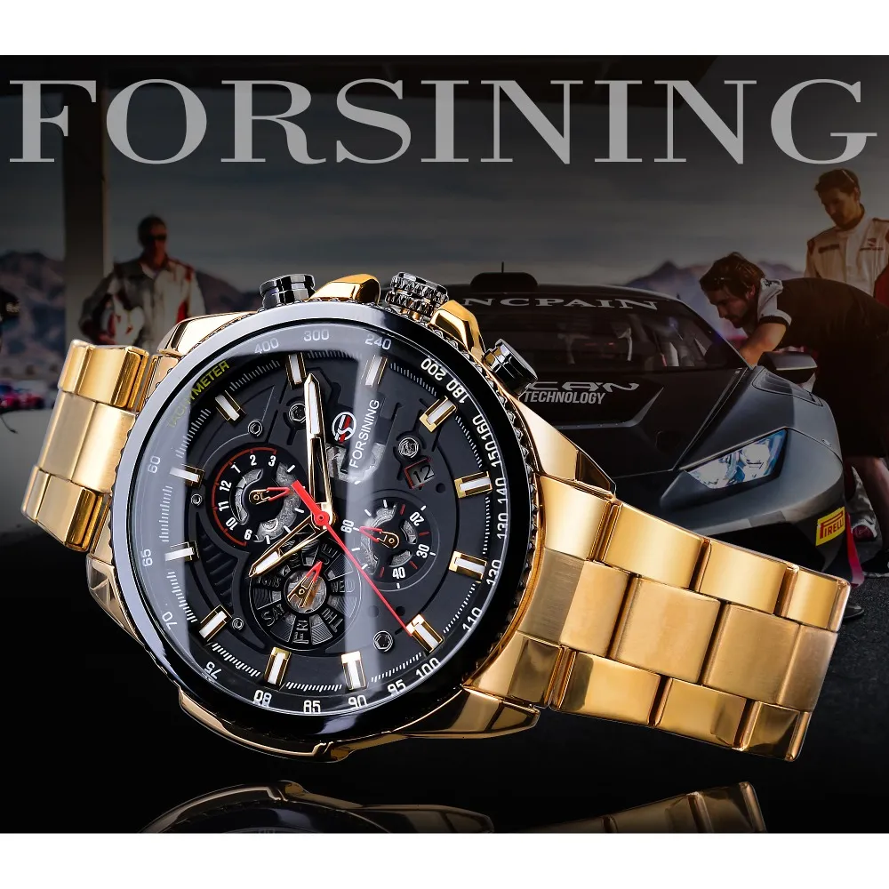 ForSining Classic Black Golden Clock Male Steampunk Sport Series Komplett kalender Men's Automatic Watches Top Brand Luxury216w