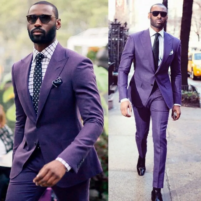Yakışıklı Mor Damat smokin Groomsmen Blazer Özel Üretilmiş Suits Yaka Best Man Suit Wedding Erkekler İki Düğmeleri Peaked (Ceket + Pantolon)