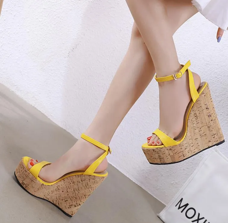 women designer sandals slides yellow wooden grain platform wedge high heel sandals size 35 to 40