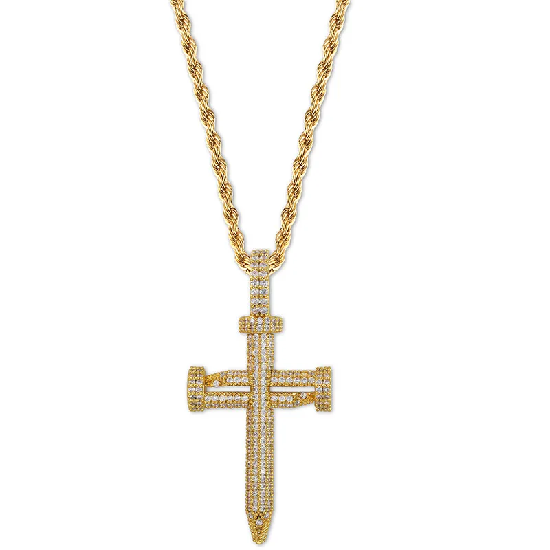 Fashion- & White Gold Bling Cubic Zirconia Nail Cross Pendant Necklace for Couples Iced Out Valentine Day Hip Hop Jewelry Gifts for Lovers