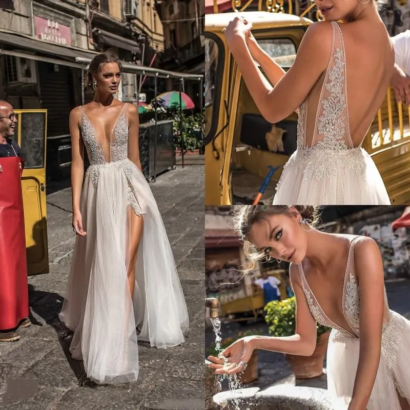 Berta 2020 nuovi abiti da sposa in pizzo backless scollo a V illusione corpetto lunghezza del pavimento sexy aperto sul retro abiti da sposa spaccati anteriori