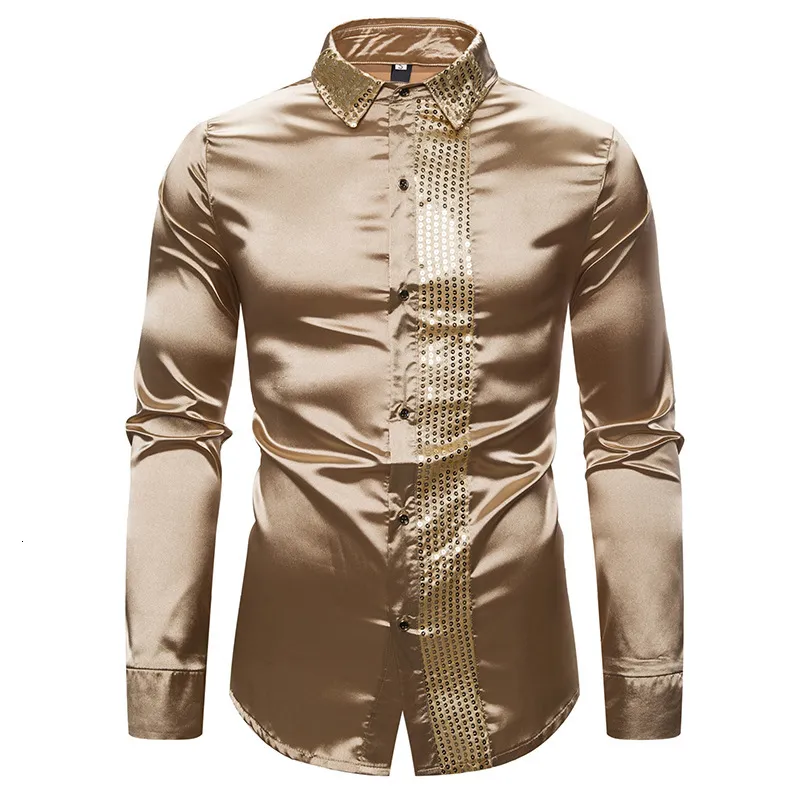 Chemises brillantes en Satin de soie pour hommes, coupe cintrée, manches longues, paillettes, Patchwork, fête, boîte de nuit, mariage, nouvelle collection 2020, S-2XL