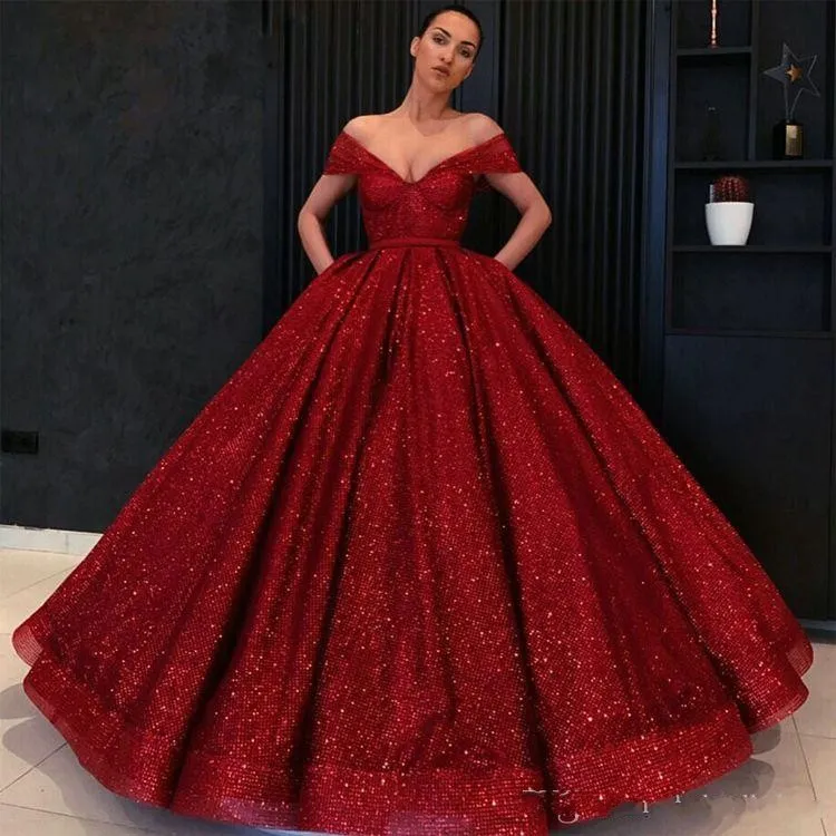 Glitter Dark Red Quinceanera Dresses 2019 Puffy V Neck Cap Sleeve Saudi ...