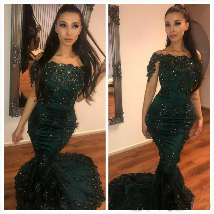 2020 Arabski Dark Green Mermaid Suknie Wieczorowe Off Ramię Koronki Zroszony Prom Dress Formalne Party Suknie Custom Size