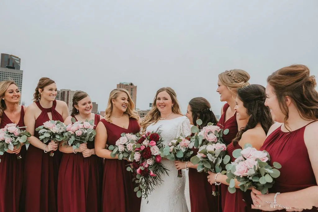 maroon boho bridesmaid dresses Flowy Boho Burgundy Two Piece Chiffon Bridesmaid Dresses main image 0