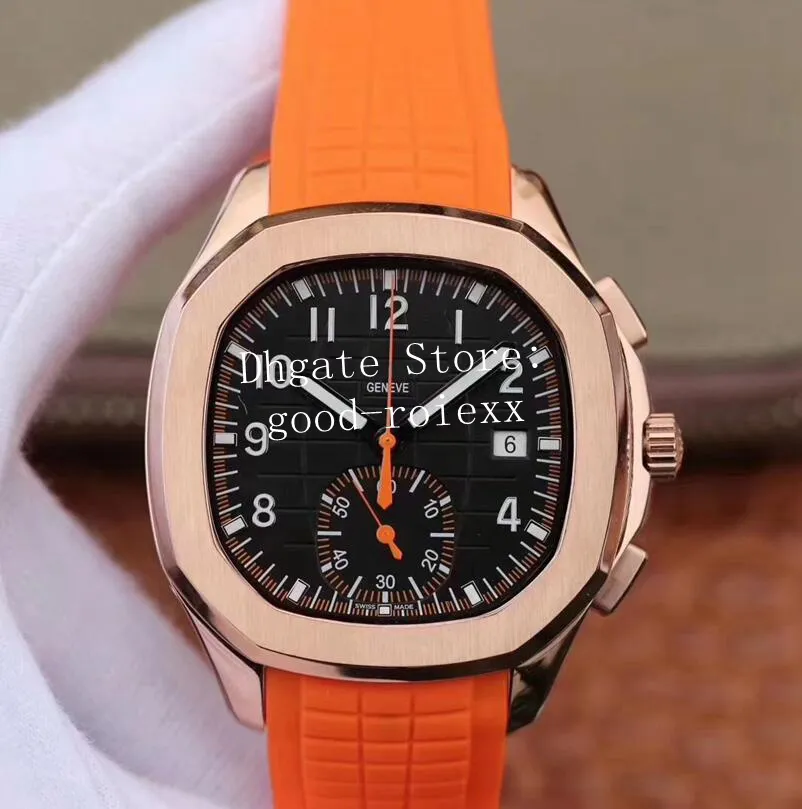 Men's Rose Gold Chronograph Watch Homens Automático Chrono Movimento Data Relógios Valjoux 7750 Eta Preto Borracha laranja 5968 Sport WristWatches