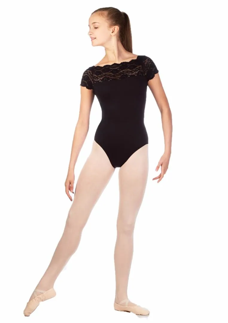 ICOSTUMES Childrens Lace Short Sleeve Ballet Dance Leotards For Kids Nylon Black Gymnastics Leotard For Girls Competition