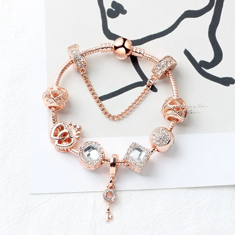 Браслет Magic Beads Rose Gold Strands 925 Серебряный кулон Love Key в качестве ювелирного подарка Diy